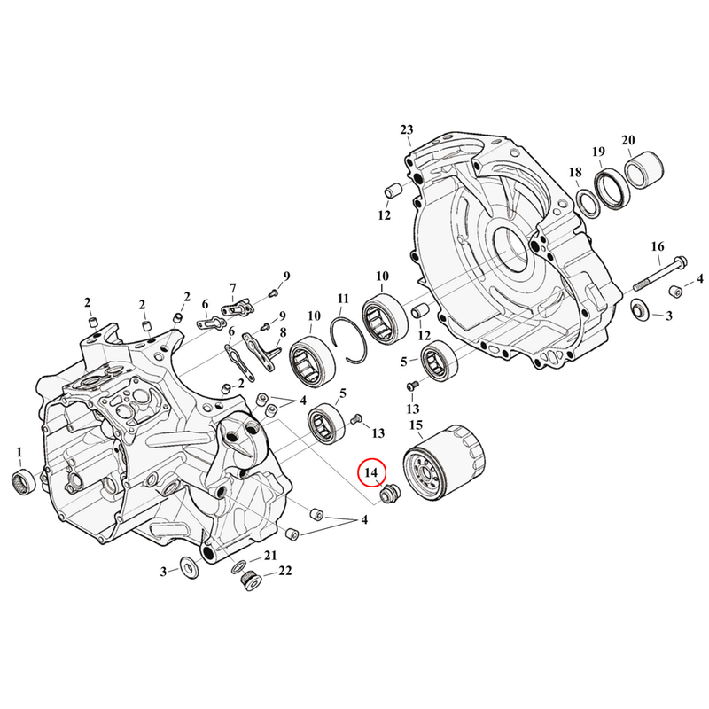 Crankcase Parts Diagram Exploded View for Harley Milwaukee Eight Touring 14) 17-23 M8. Adapter, oil filter. Replaces OEM: 26352-95A