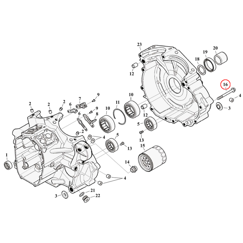Crankcase Parts Diagram Exploded View for Harley Milwaukee Eight Touring 16) 17-23 M8. Flanged bolt 5/16-18 x 3-1/4. Replaces OEM: 10200343
