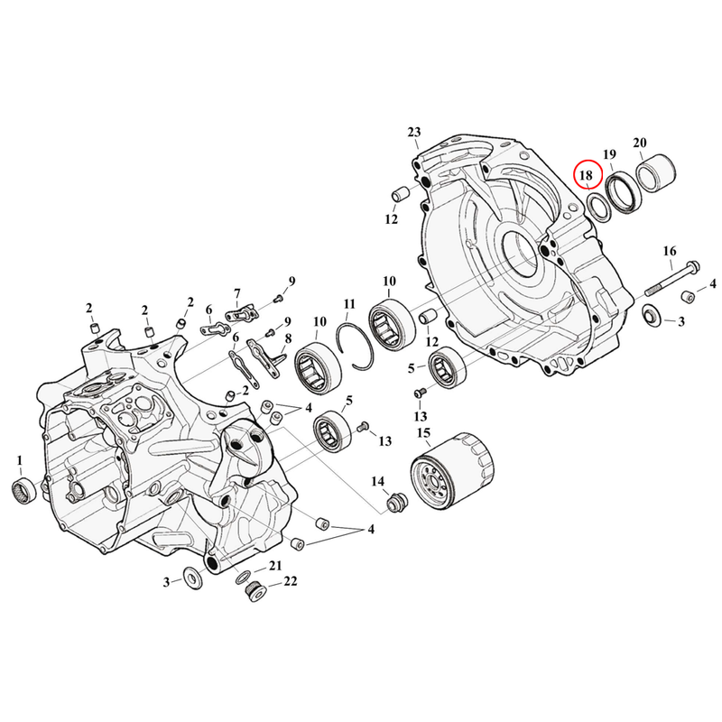 Crankcase Parts Diagram Exploded View for Harley Milwaukee Eight Touring 18) 17-23 M8. Thrustwasher, sprocket shaft bearing. Replaces OEM: 8972