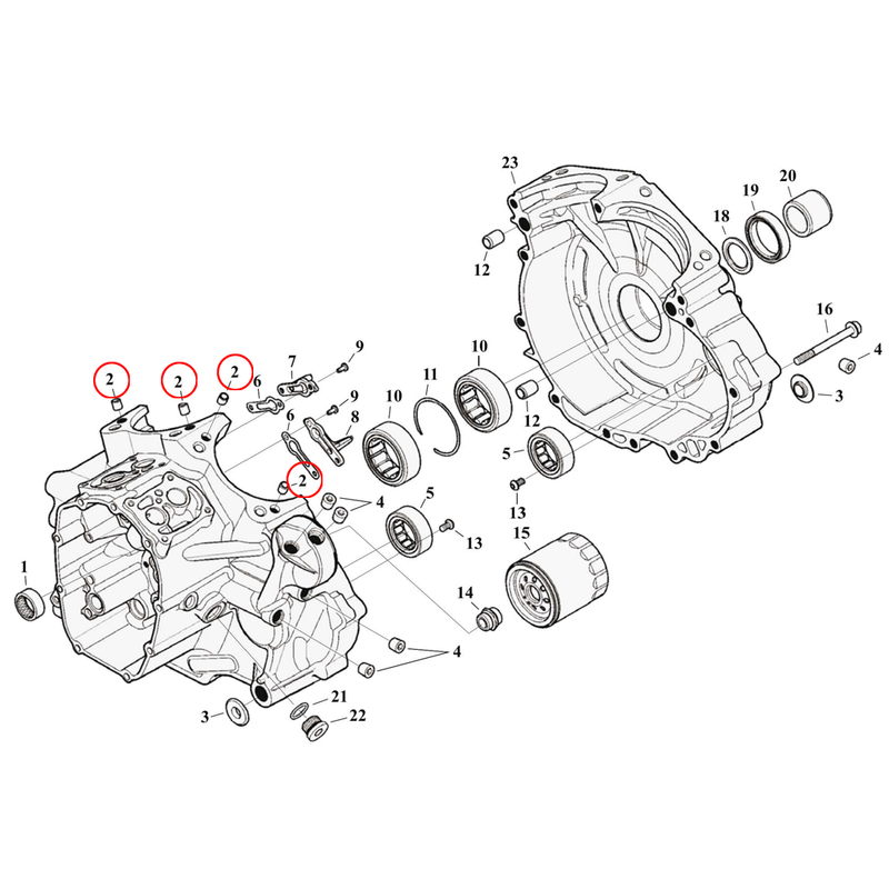 Crankcase Parts Diagram Exploded View for Harley Milwaukee Eight Touring 2) 17-23 M8. Dowel pin. Replaces OEM: 16589-99A
