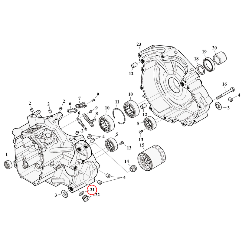 Crankcase Parts Diagram Exploded View for Harley Milwaukee Eight Touring 21) 14-23 M8 Touring water cooled models. James O-ring, crankcase plug. Replaces OEM: 11900010