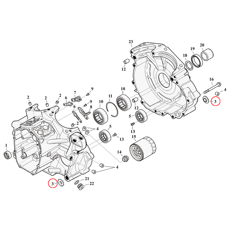Crankcase Parts Diagram Exploded View for Harley Milwaukee Eight Touring 3) 17-23 M8. Spacer, front motor mount. Replaces OEM: 12400099