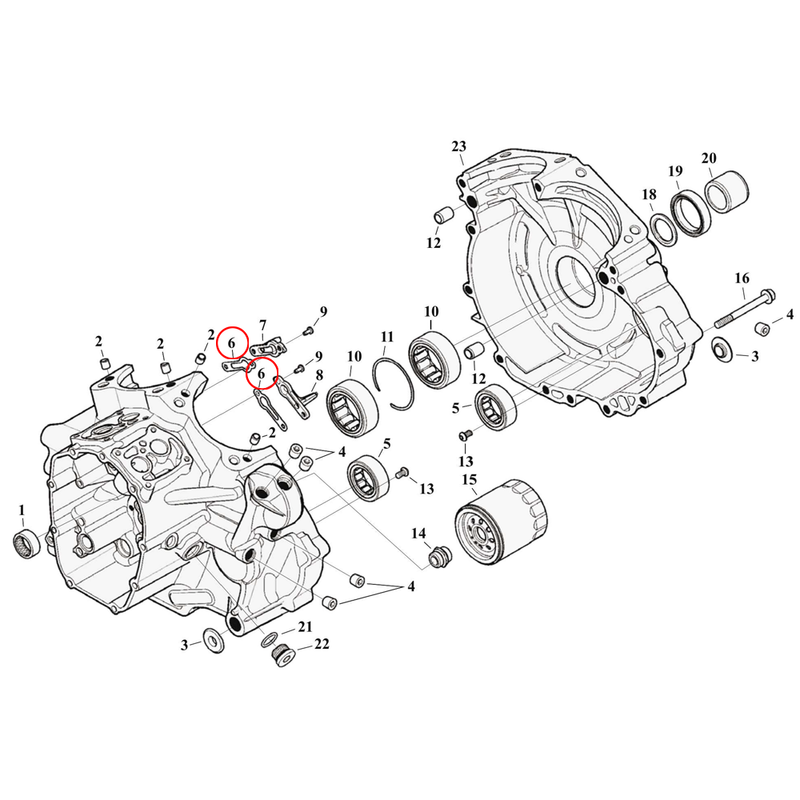Crankcase Parts Diagram Exploded View for Harley Milwaukee Eight Touring 6) 17-23 M8. James Gasket, piston oil jet. Replaces OEM: 25700433
