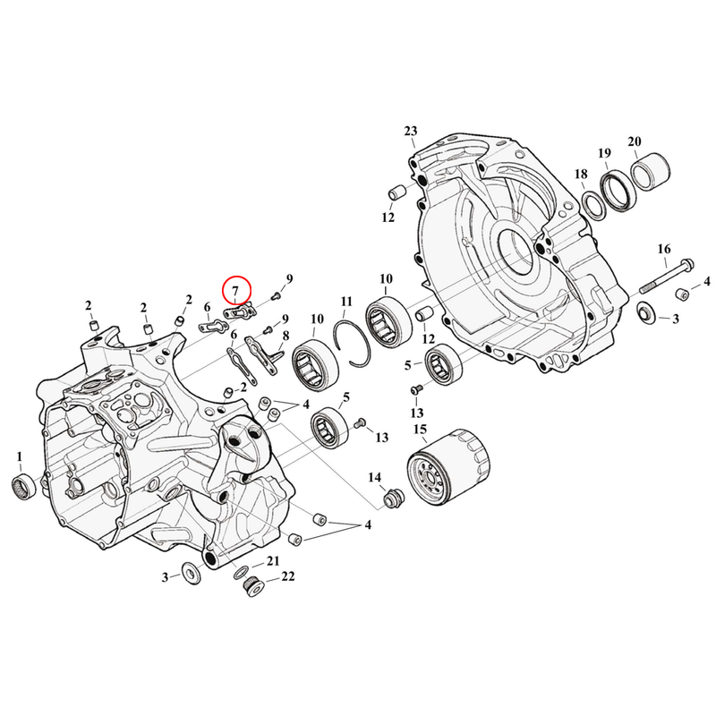 Crankcase Parts Diagram Exploded View for Harley Milwaukee Eight Touring 7) 17-23 M8. Piston oiler jet assembly, rear. Replaces OEM: 62700117A