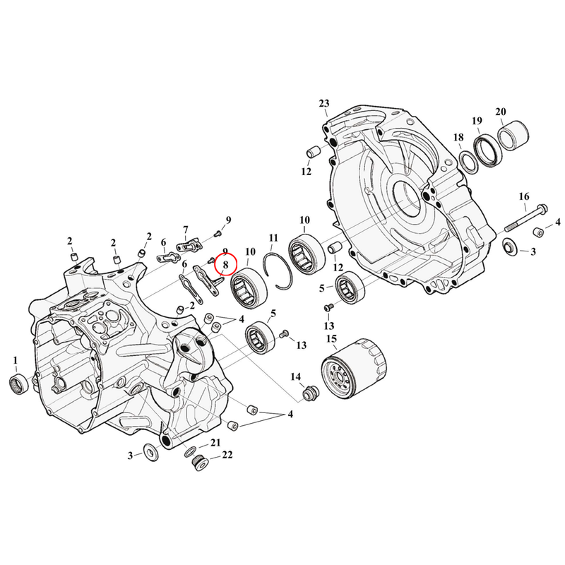 Crankcase Parts Diagram Exploded View for Harley Milwaukee Eight Touring 8) 17-23 M8. Piston oiler jet assembly, front. Replaces OEM: 62700089A
