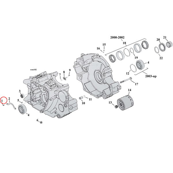 Crankcase Parts Diagram Exploded View for Harley Twin Cam Softail 1) 00-06 TCB. Bolt, retaining plate pinion shaft bearing. Replaces OEM: 68042-99