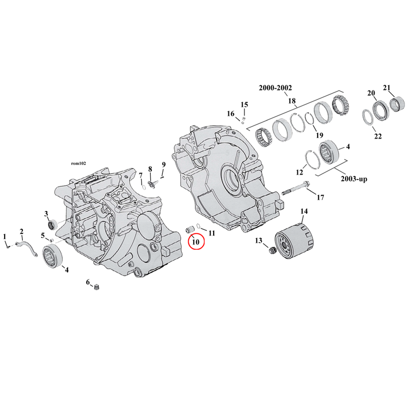 Crankcase Parts Diagram Exploded View for Harley Twin Cam Softail 10) 99-17 TCA/B. Dowel pin, case. Replaces OEM: 16574-99A