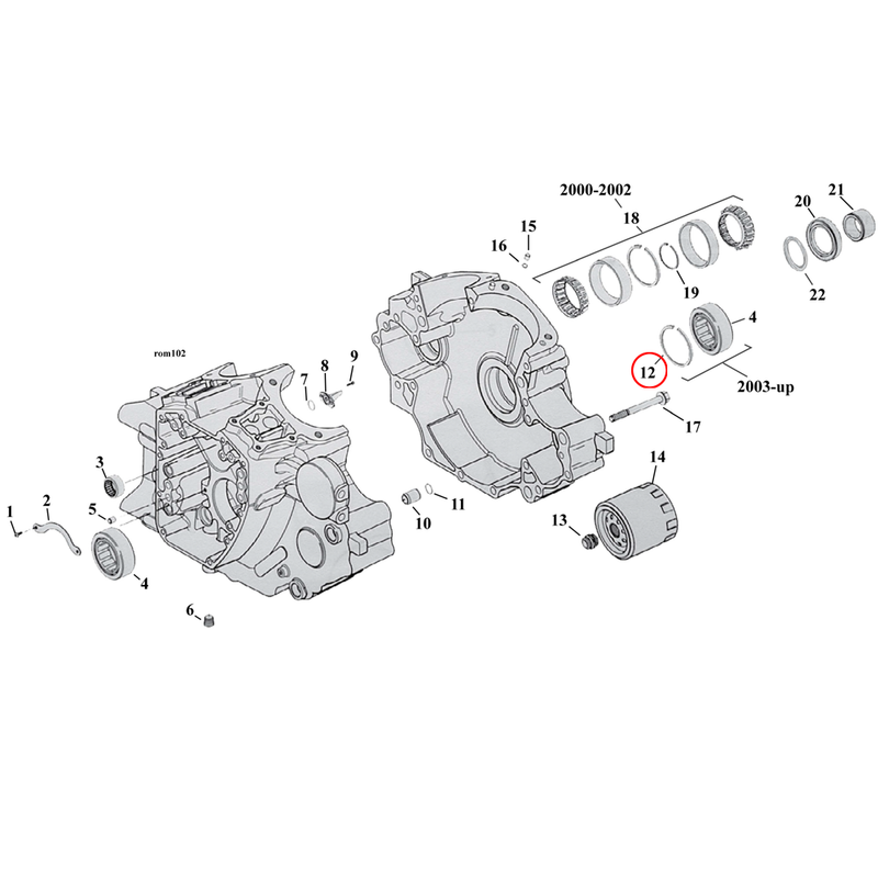 Crankcase Parts Diagram Exploded View for Harley Twin Cam Softail 12) 03-17 TCA/B. Retaining ring, pinion bearing. Replaces OEM: 35114-02