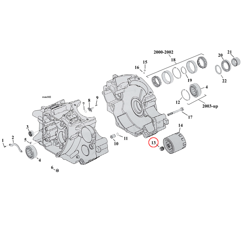 Crankcase Parts Diagram Exploded View for Harley Twin Cam Softail 13) 99-17 TCA/B. Adapter, oil filter. Replaces OEM: 26352-95A