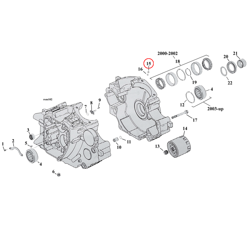 Crankcase Parts Diagram Exploded View for Harley Twin Cam Softail 15) 99-17 TCA/B. Dowel pin, cylinder head/base. Replaces OEM: 16595-99