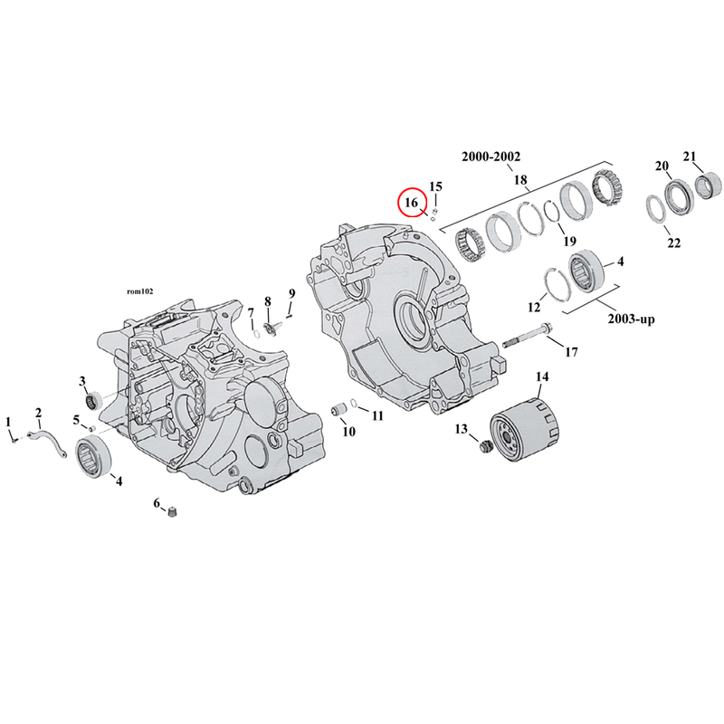 Crankcase Parts Diagram Exploded View for Harley Twin Cam Softail 16) 99-17 TCA/B. James o-ring, cylinder base stud. Replaces OEM: 11273