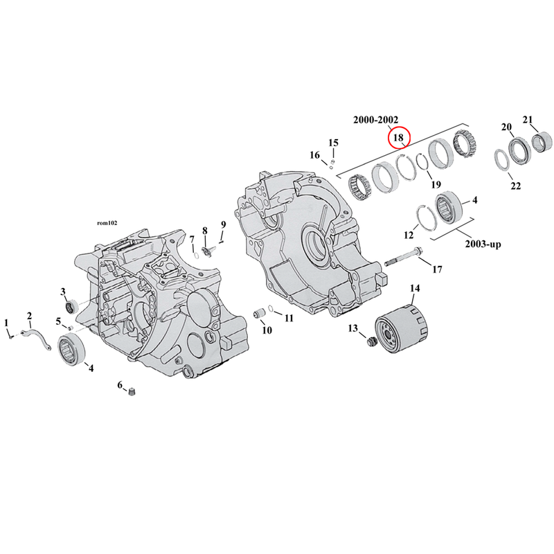 Crankcase Parts Diagram Exploded View for Harley Twin Cam Softail 18) 99-02 TCA/B. Bearing, sprocket shaft. Replaces OEM: 9028