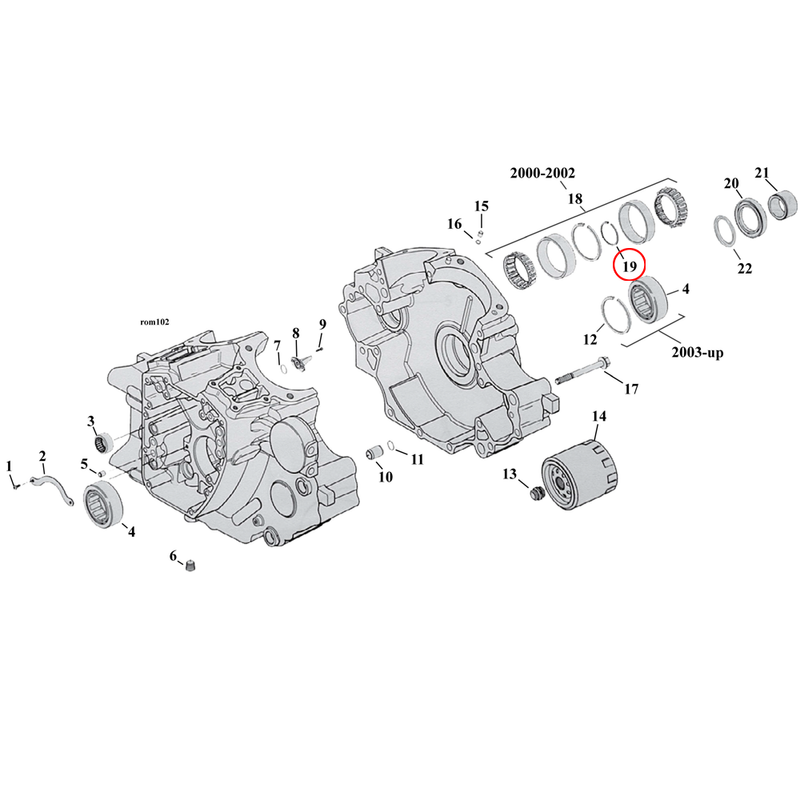Crankcase Parts Diagram Exploded View for Harley Twin Cam Softail 19) 99-02 TCA/B. Spacer, sprocket shaft bearing .106". Replaces OEM: 9127