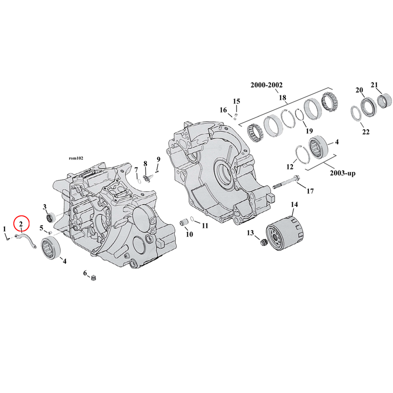 Crankcase Parts Diagram Exploded View for Harley Twin Cam Softail 2) 00-06 TCB. Retaining plate, pinion shaft bearing. Replaces OEM: 35093-00