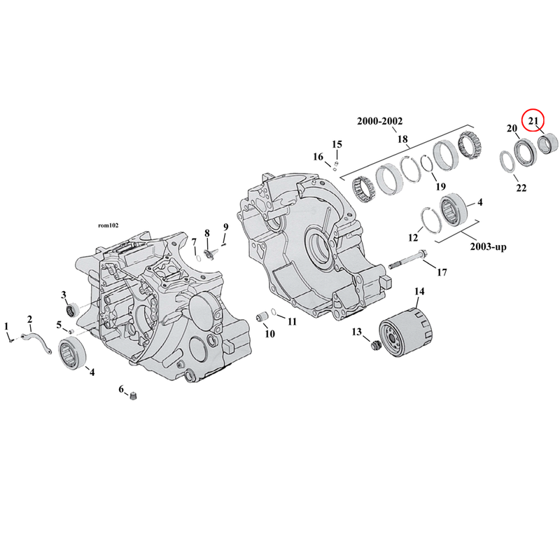 Crankcase Parts Diagram Exploded View for Harley Twin Cam Softail 21) 00-02 Dyna & Softail. Spacer, sprocket shaft. Replaces OEM: 24038-99