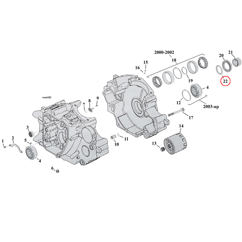 Crankcase Parts Diagram Exploded View for Harley Twin Cam Softail 22) 03-17 TCA/B. Thrustwasher. Replaces OEM: 8972