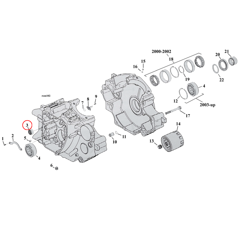 Crankcase Parts Diagram Exploded View for Harley Twin Cam Softail 3) 99-06 TCA/B (excl. 2006 Dyna). Koyo needle bearing, cam. Inner. Replaces OEM: 9198
