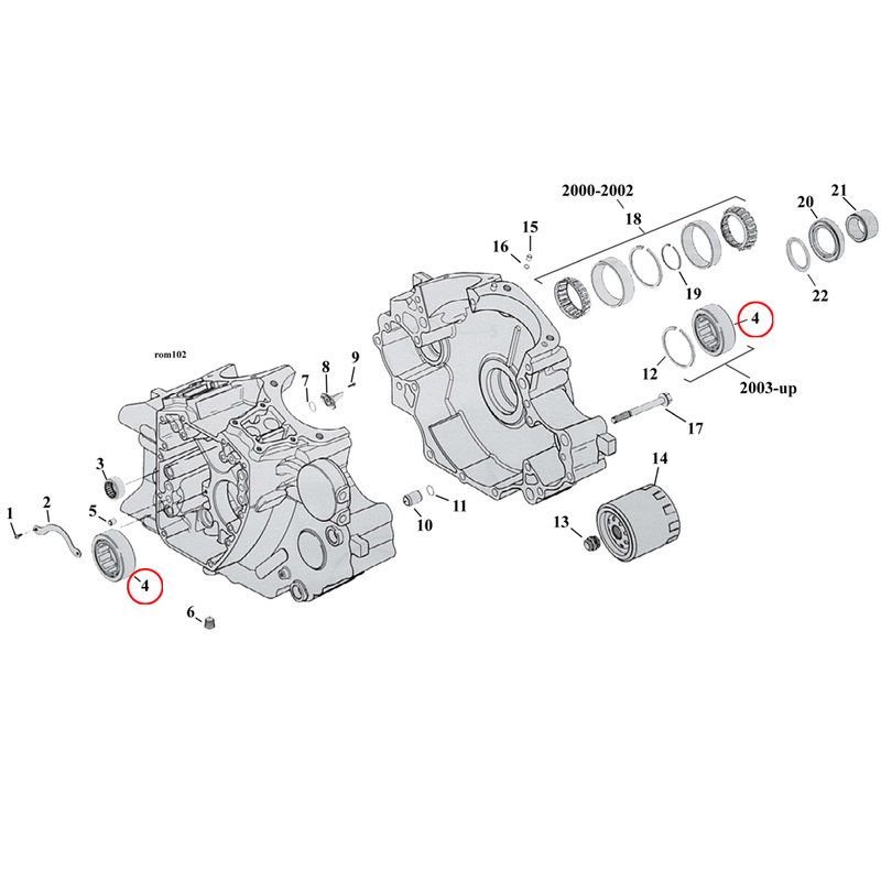 Crankcase Parts Diagram Exploded View for Harley Twin Cam Softail 4) 00-17 TCB & 03-17 TCA. Bearing, pinion shaft / 03-17 TCA/B Bearing, sprocket shaft. Replaces OEM: 24604-00/C/D, 24605-07