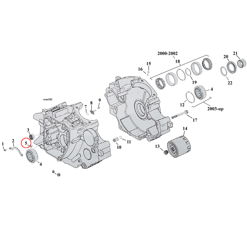 Crankcase Parts Diagram Exploded View for Harley Twin Cam Softail 5) 99-17 TCA/B. Dowel pin, case to cam support plate. Replaces OEM: 16589-99A
