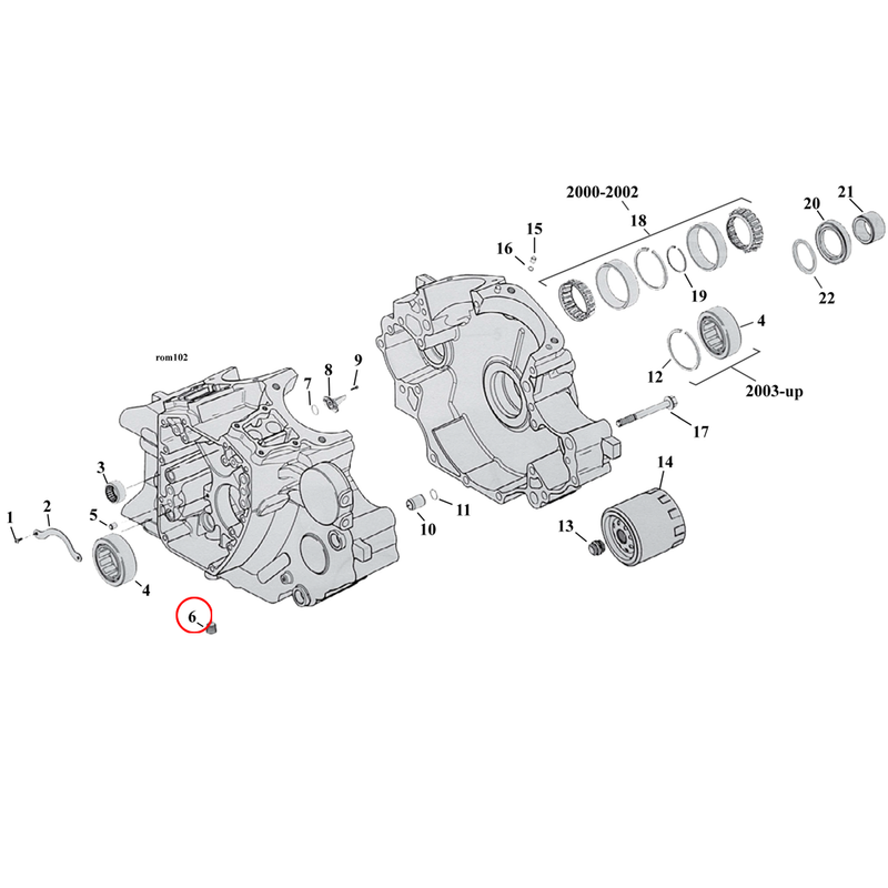 Crankcase Parts Diagram Exploded View for Harley Twin Cam Softail 6) 99-17 TCA/B. Drain plug, crankcase. Replaces OEM: 765