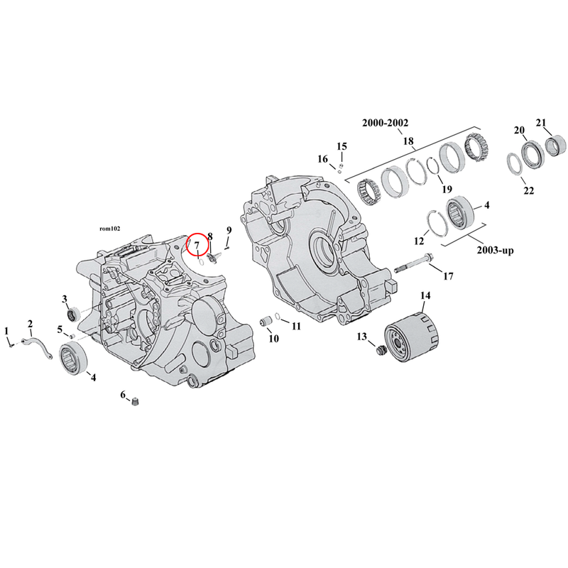 Crankcase Parts Diagram Exploded View for Harley Twin Cam Softail 7) 99-17 TCA/B (excl. 2001 FLT). Cometic o-ring, piston cooling jet. Replaces OEM: 11140