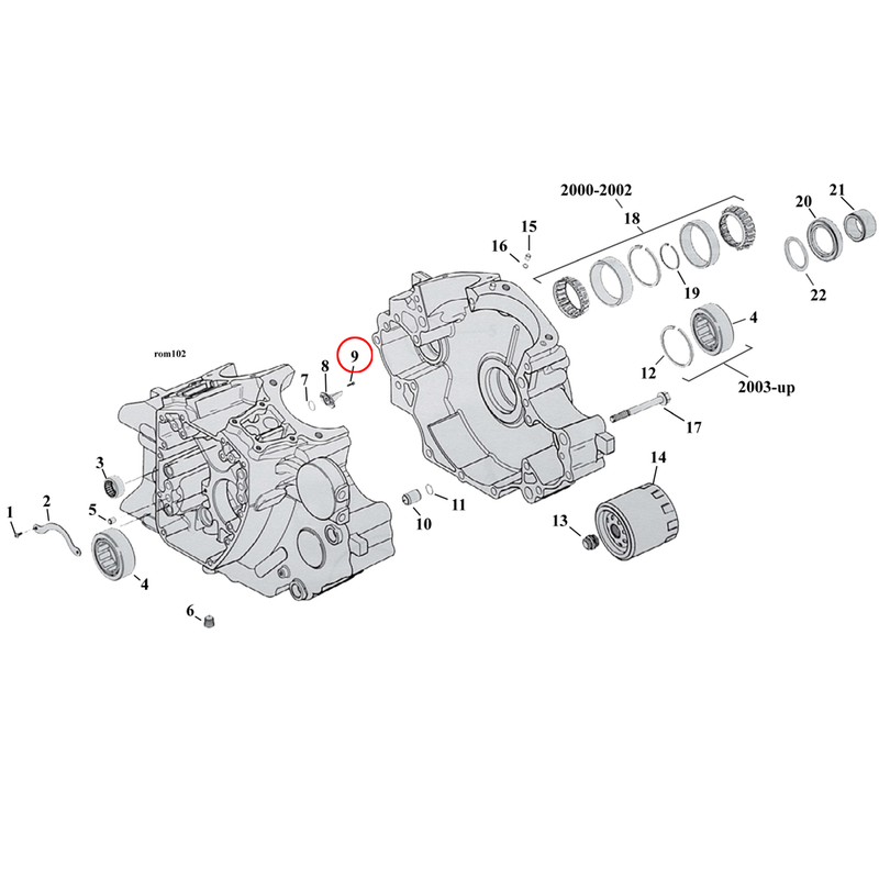 Crankcase Parts Diagram Exploded View for Harley Twin Cam Softail 9) 99-17 TCA/B. Bolt, piston cooling jet. Replaces OEM: 68042-99