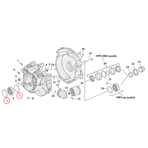 Crankcase Parts Diagram Exploded View for Harley Twin Cam Touring / Dyna 1) 99-02 TCA/B. Retaining ring. Replaces OEM: 35115-99
