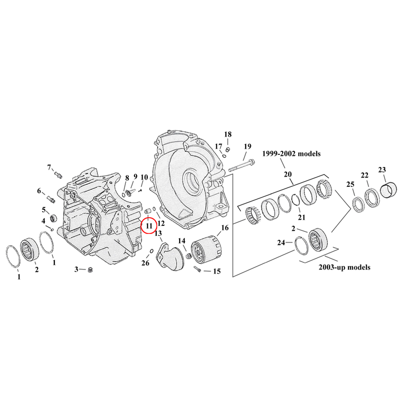 Crankcase Parts Diagram Exploded View for Harley Twin Cam Touring / Dyna 11) 99-17 TCA/B. Dowel pin, case. Replaces OEM: 16574-99A