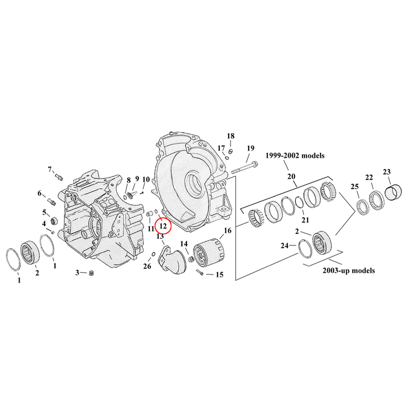 Crankcase Parts Diagram Exploded View for Harley Twin Cam Touring / Dyna 12) 99-08 TCA/B. James o-ring, dowel pin. Replaces OEM: 26432-76A