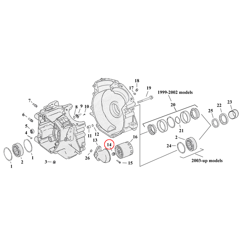 Crankcase Parts Diagram Exploded View for Harley Twin Cam Touring / Dyna 14) 99-17 TCA/B. Adapter, oil filter. Replaces OEM: 26352-95A