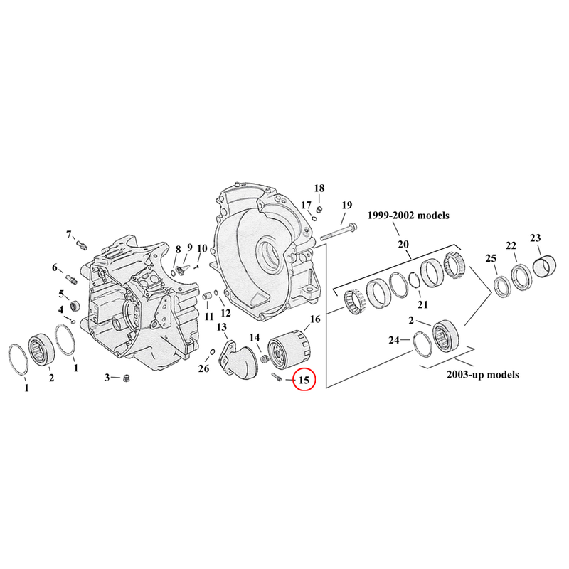 Crankcase Parts Diagram Exploded View for Harley Twin Cam Touring / Dyna 15) 99-06 TCA (excl. 06 Dyna) . Bolt, oil filter mount bracket. Replaces OEM: 4741A