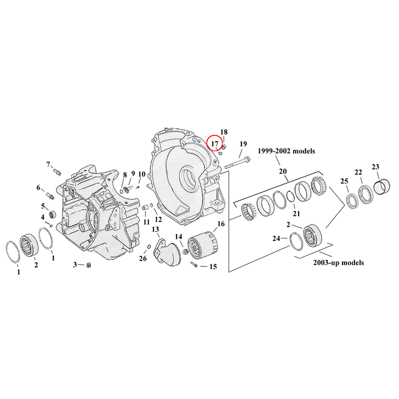 Crankcase Parts Diagram Exploded View for Harley Twin Cam Touring / Dyna 17) 99-17 TCA/B. James o-ring, cylinder base stud. Replaces OEM: 11273