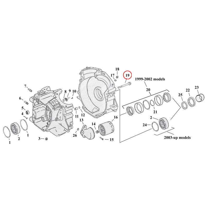 Crankcase Parts Diagram Exploded View for Harley Twin Cam Touring / Dyna 19) 99-17 TCA/B. Colony crankcase bolt kit, chrome allen heads. Replaces OEM: 895