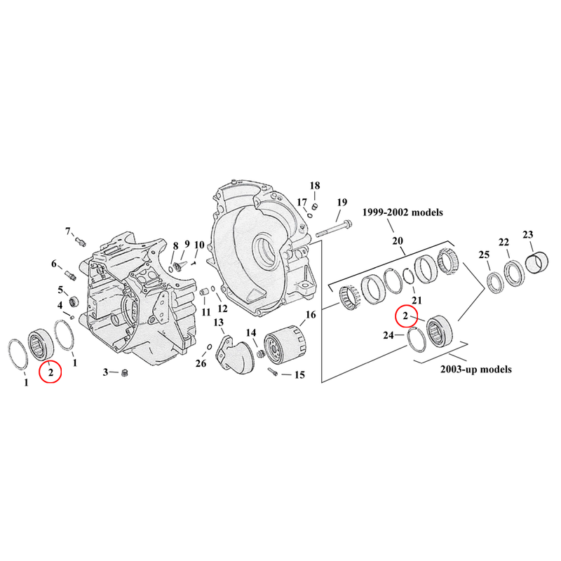Crankcase Parts Diagram Exploded View for Harley Twin Cam Touring / Dyna 2) 99-02 TCA. Bearing, pinion shaft. Replaces OEM: 24623-99B