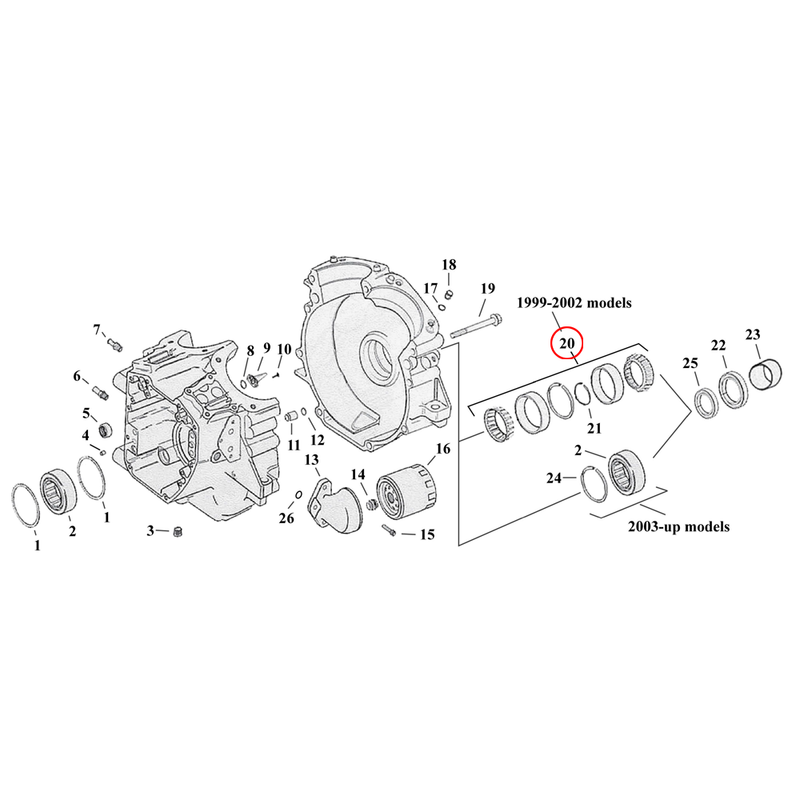Crankcase Parts Diagram Exploded View for Harley Twin Cam Touring / Dyna 20) 99-02 TCA/B. Bearing, sprocket shaft. Replaces OEM: 9028