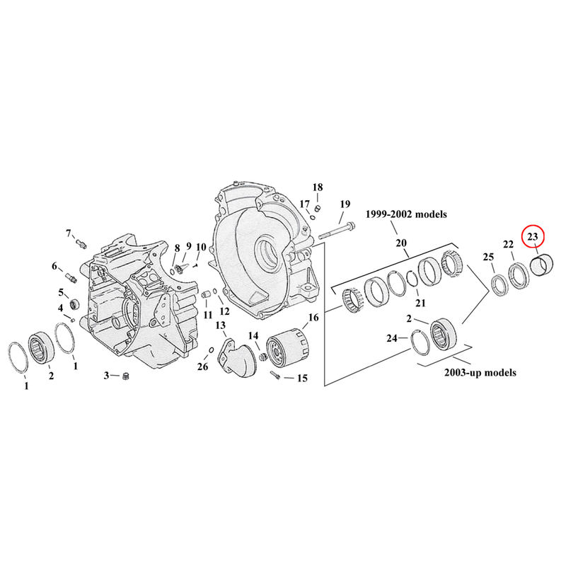 Crankcase Parts Diagram Exploded View for Harley Twin Cam Touring / Dyna 23) 99-02 FLT. Spacer, sprocket shaft. Replaces OEM: 24008-99