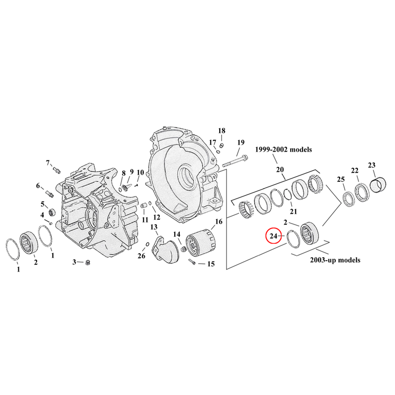 Crankcase Parts Diagram Exploded View for Harley Twin Cam Touring / Dyna 24) 03-17 TCA/B. Retaining ring, pinion bearing. Replaces OEM: 35114-02