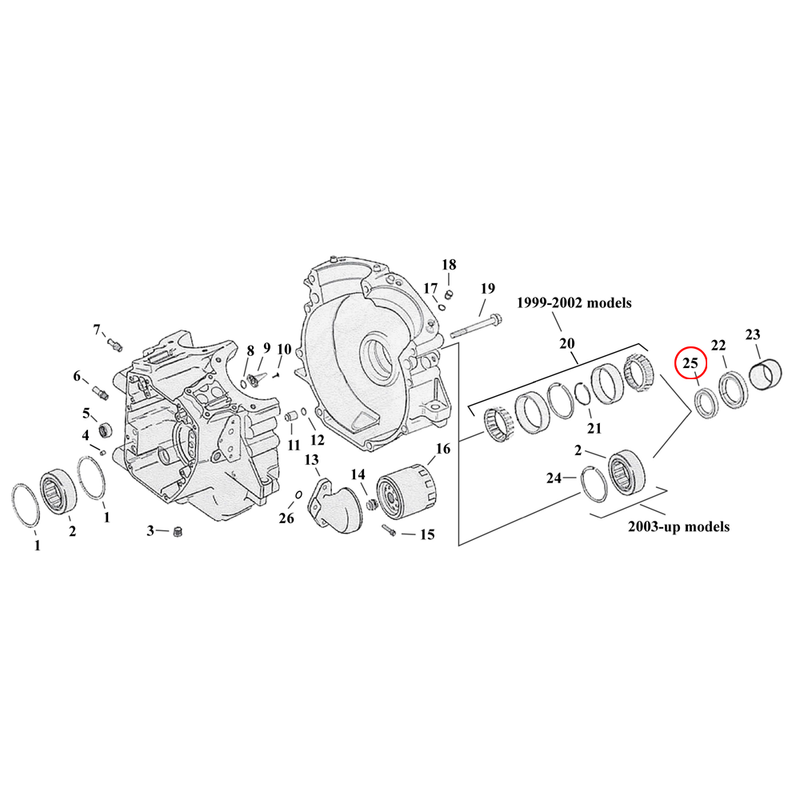 Crankcase Parts Diagram Exploded View for Harley Twin Cam Touring / Dyna 25) 99-02 TCA/B. Sprocket shaft spacer, .210". Replaces OEM: 24037-70