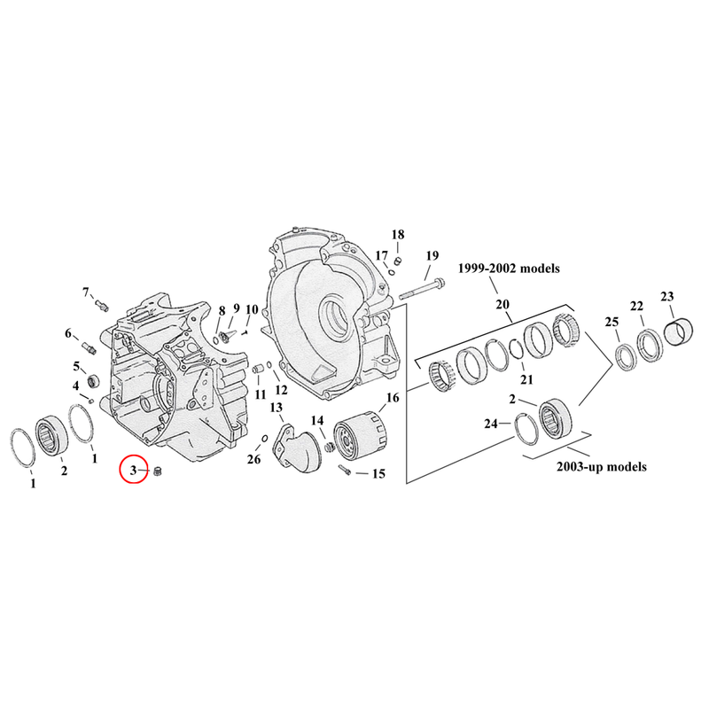 Crankcase Parts Diagram Exploded View for Harley Twin Cam Touring / Dyna 3) 99-17 TCA/B. Drain plug, crankcase. Replaces OEM: 765