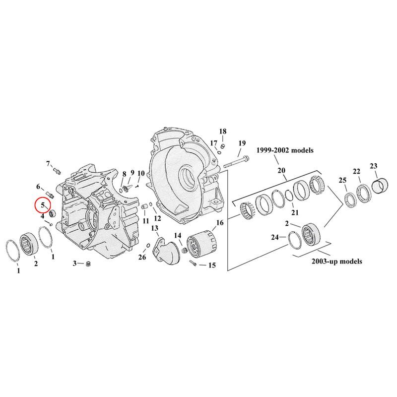 Crankcase Parts Diagram Exploded View for Harley Twin Cam Touring / Dyna 5) 99-06 TCA/B (excl. 2006 Dyna). Koyo needle bearing, cam. Inner. Replaces OEM: 9198