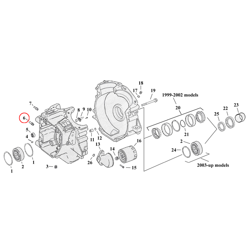 Crankcase Parts Diagram Exploded View for Harley Twin Cam Touring / Dyna 6) 99-06 TCA/B (excl. 2006 Dyna). Oil fitting. Replaces OEM: 26314-99
