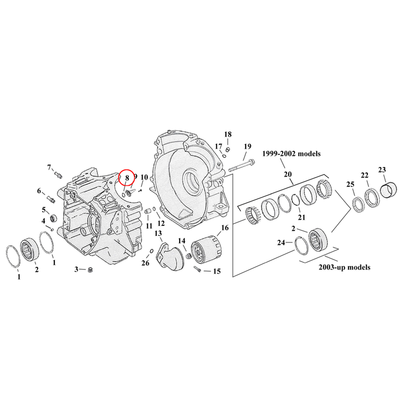 Crankcase Parts Diagram Exploded View for Harley Twin Cam Touring / Dyna 8) 2001 TCA Touring. James o-ring, piston cooling jet. Replaces OEM: 11289