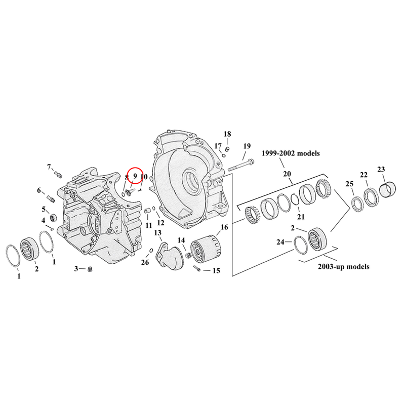 Crankcase Parts Diagram Exploded View for Harley Twin Cam Touring / Dyna 9) 99-17 TCA/B. Piston cooling jet (set of 2). S&S, with extra clearance for strokers. Replaces OEM: 22371-99 & 22307-99