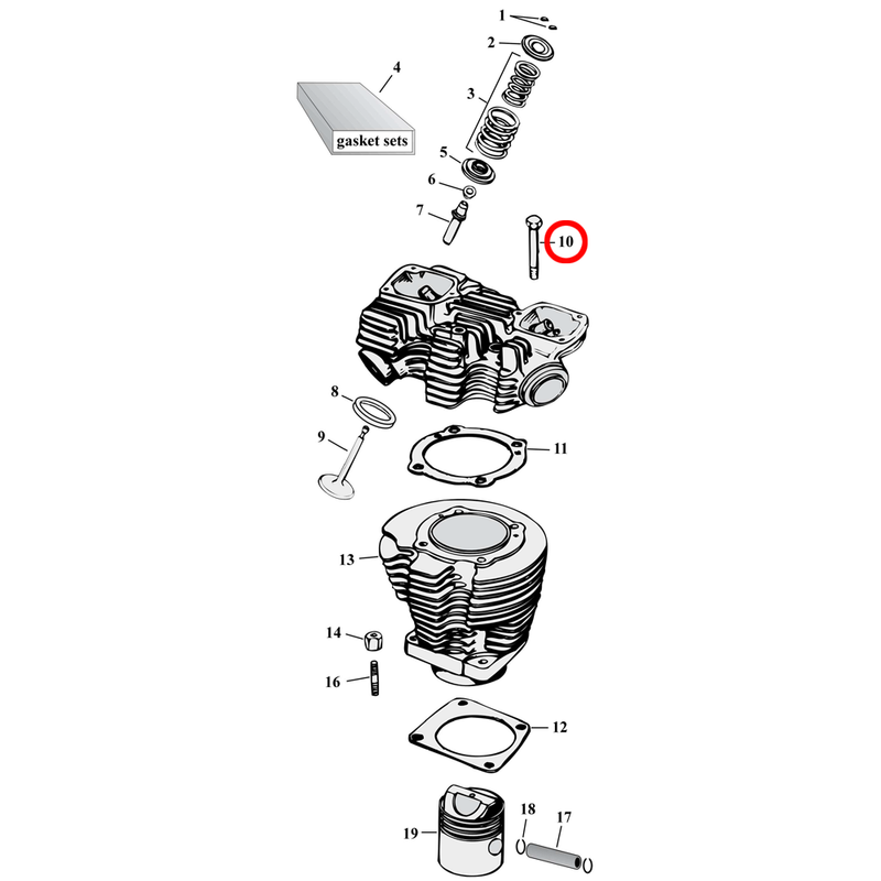 Cylinder Parts Diagram Exploded View for 57-85 Harley Sportster 10) L73-85 XL. Complete head bolt kit with washers, chrome 12-point. Replaces OEM: 4709