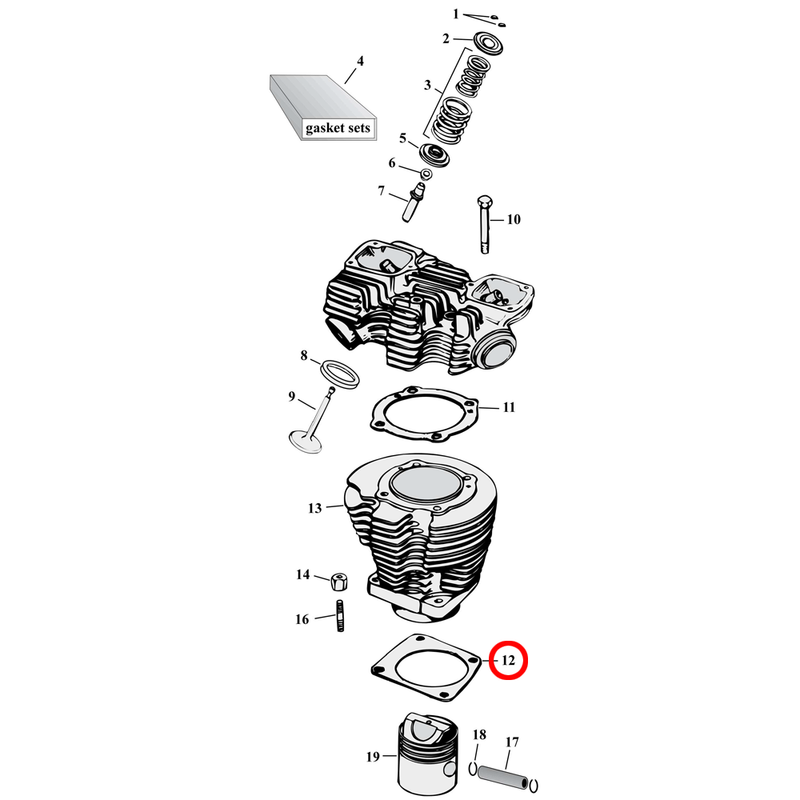 Cylinder Parts Diagram Exploded View for 57-85 Harley Sportster 12) 72-85 XL 1000. James cylinder base gaskets. Replaces OEM: 16774-72