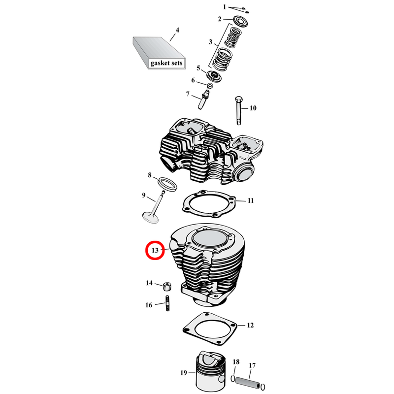 Cylinder Parts Diagram Exploded View for 57-85 Harley Sportster 13) L73-85 XL. Front cylinder. Replaces OEM: 16464-73C