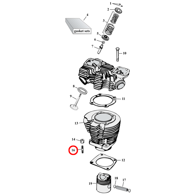 Cylinder Parts Diagram Exploded View for 57-85 Harley Sportster 16) 52-71 K, XL. Cylinder base stud (set of 5). Replaces OEM: 16830-54