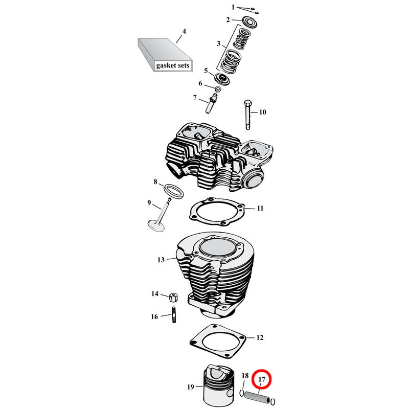 Cylinder Parts Diagram Exploded View for 57-85 Harley Sportster 17) 57-E85 K, XL. Wrist pin. Replaces OEM: 22719-52A