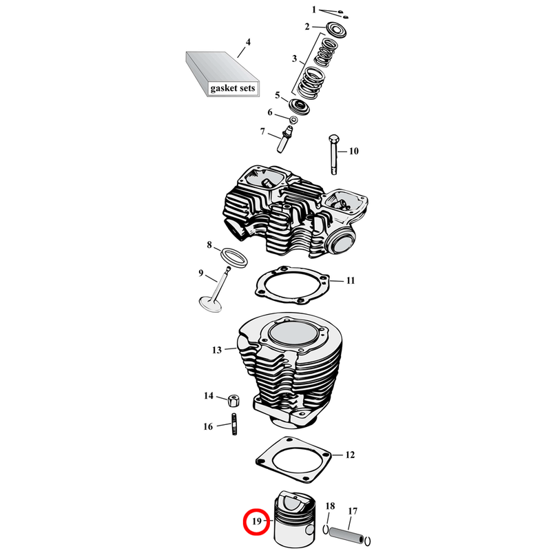 Cylinder Parts Diagram Exploded View for 57-85 Harley Sportster 19) 57-85 XL. See pistons separately.