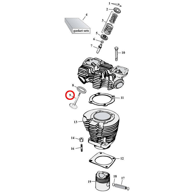 Cylinder Parts Diagram Exploded View for 57-85 Harley Sportster 9) 57-85 XL. See valve separately.